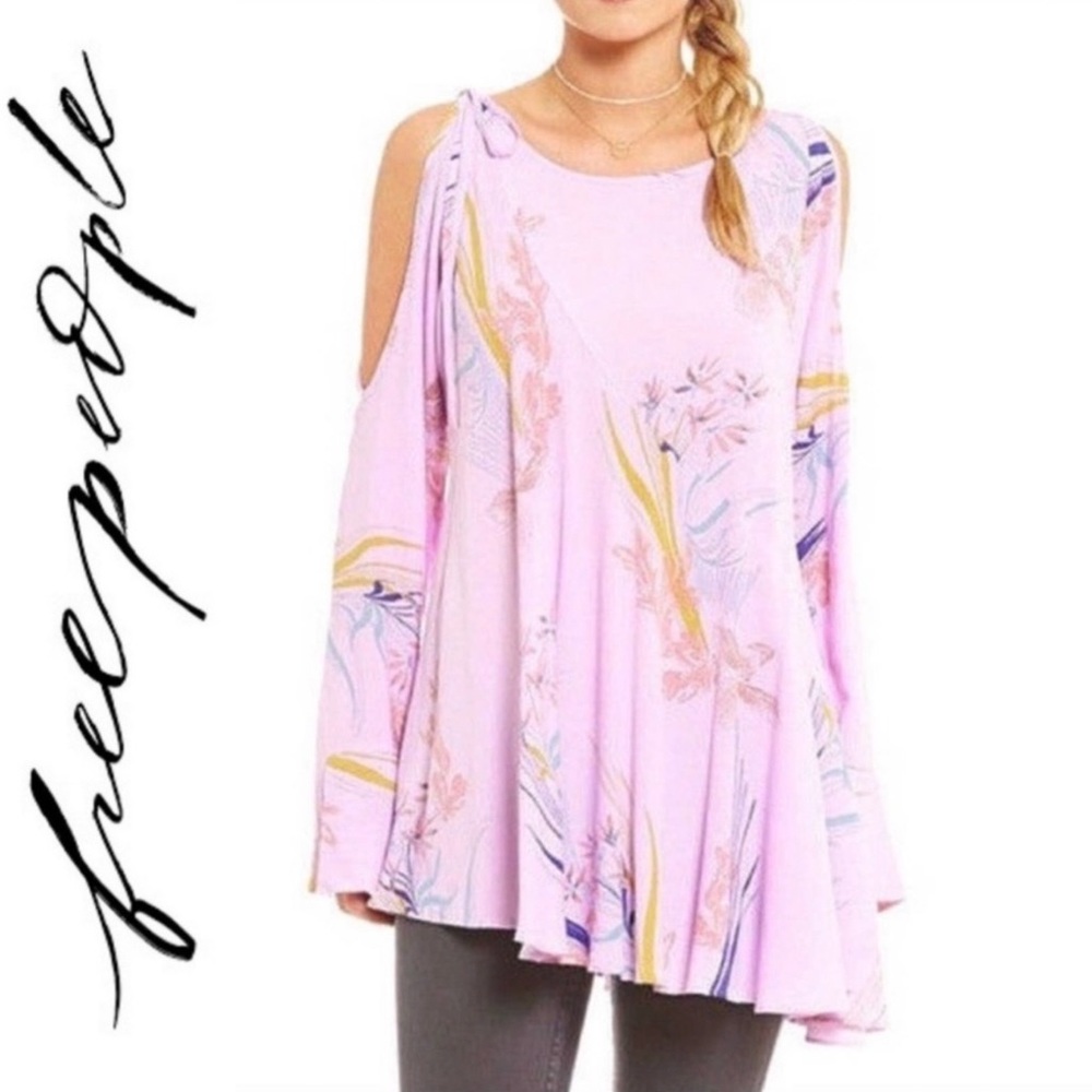 FREE PEOPLE Clear Skies Cold Shoulder Lavender Lilac Floral Tunic Top Mini Dress